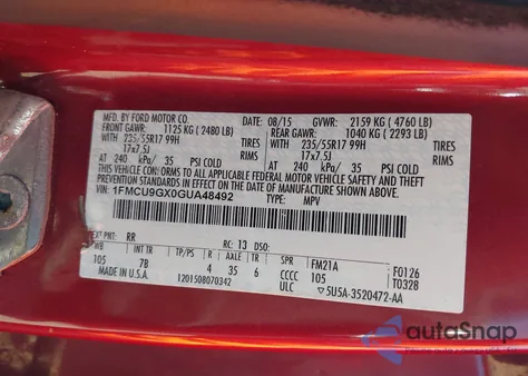 2016 Ford Escape Se из США, поврежденный, VIN 1FMCU9GX0GUA48492